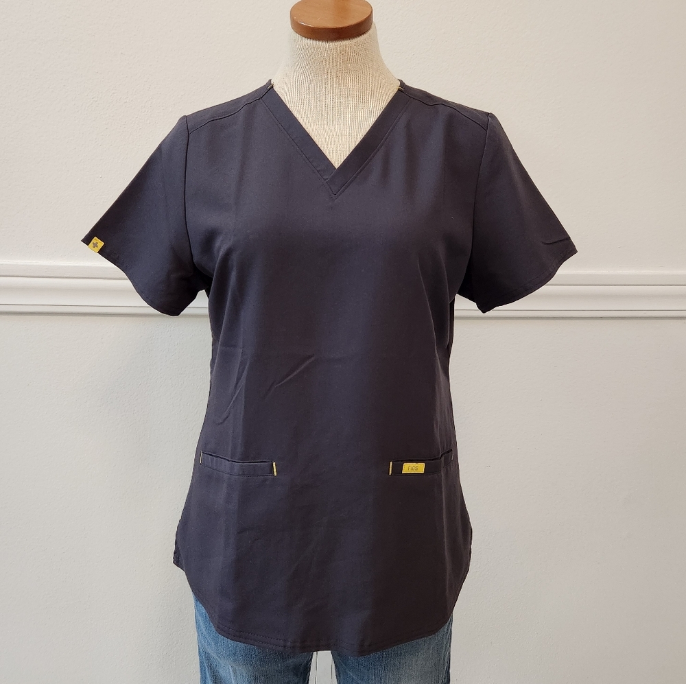 Figs Scrub Top Womens Small grey Yellow V-Neck Shirt Short Sleeve Medica… - Picture 3 of 9